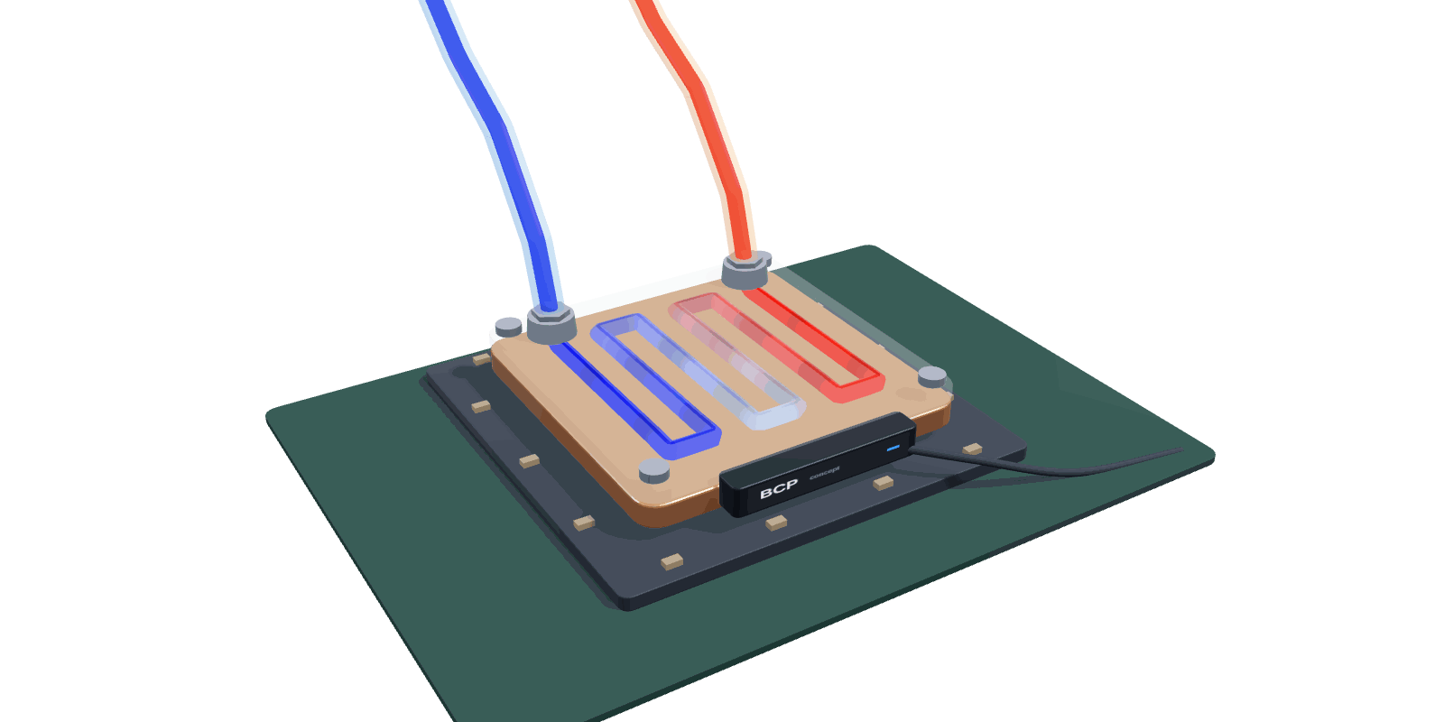 Concept render: a liquid cold plate on a chip package with a slim BCP instrument module attached at its edge. Coolant lines run from cool blue at the inlet to warm orange at the outlet.